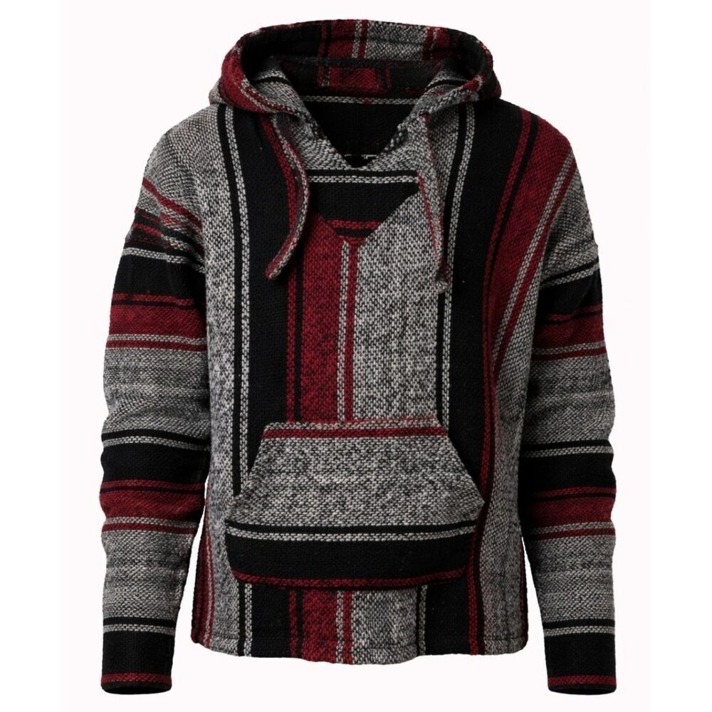 Megalopolis Baja Hoodie Mens M Black Red Striped Drug Rug Mexican Hippie Poncho